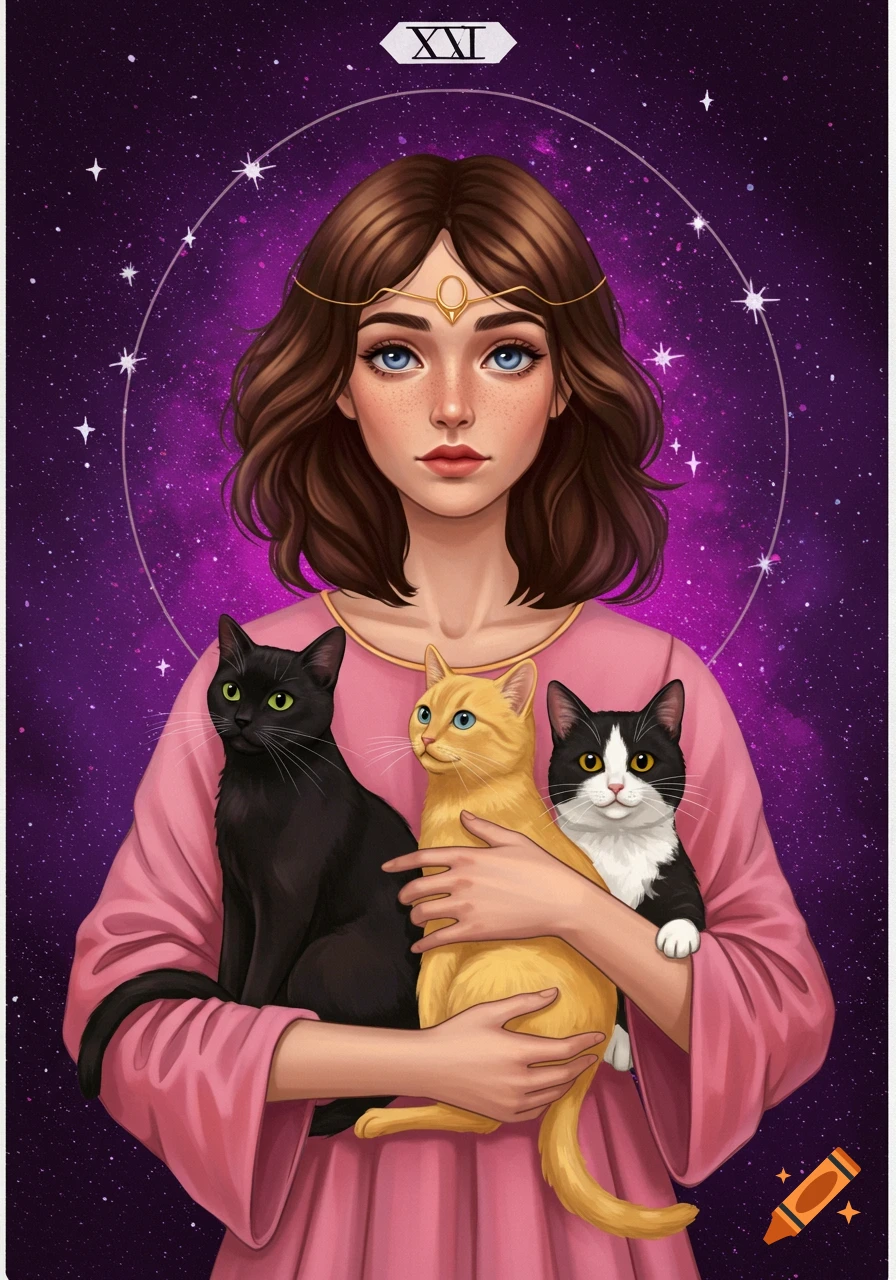 A young woman holds three cats against a starry purple background, styled as a tarot card with XXI.