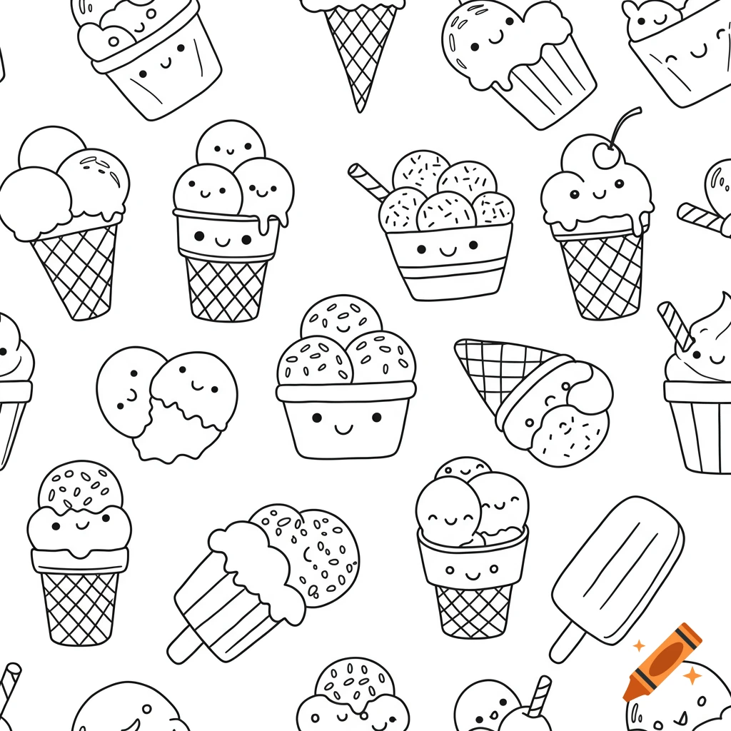 Black and white seamless pattern of cute ice cream illustrations in line art style.