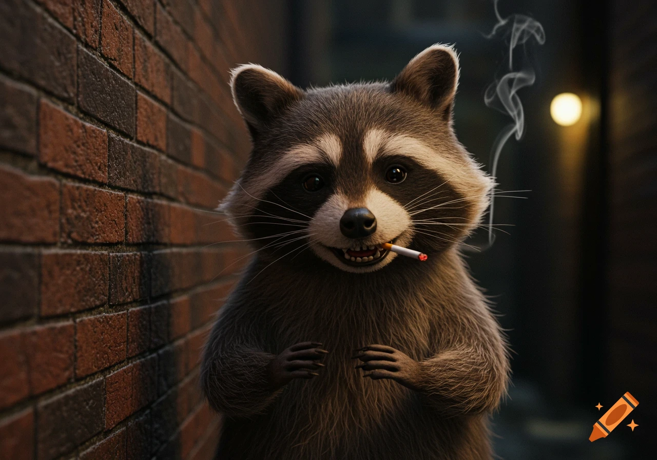 A photorealistic raccoon smoking a cigarette stands by a brick wall.
