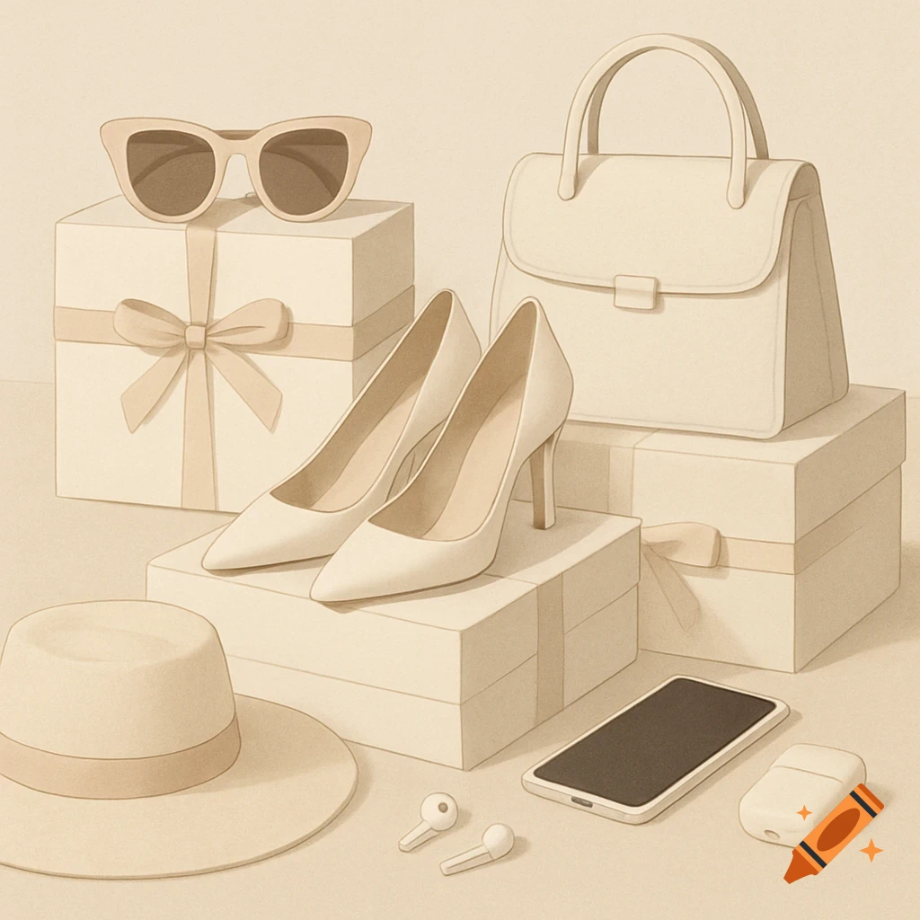 Still life illustration of luxury fashion accessories including shoes, sunglasses, bag, hat, and electronics on gift boxes.