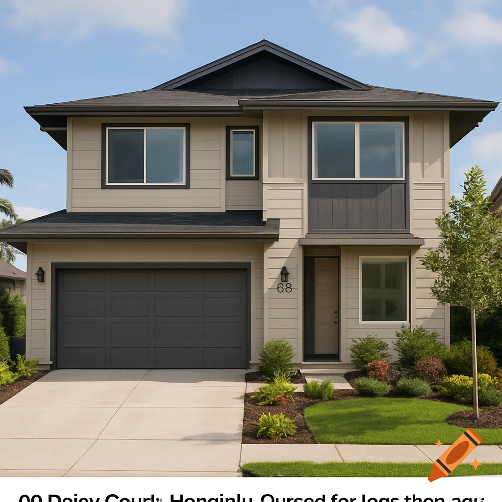 Photorealistic image of a modern two-story house with a dark gray garage door, light gray siding, and landscaping.