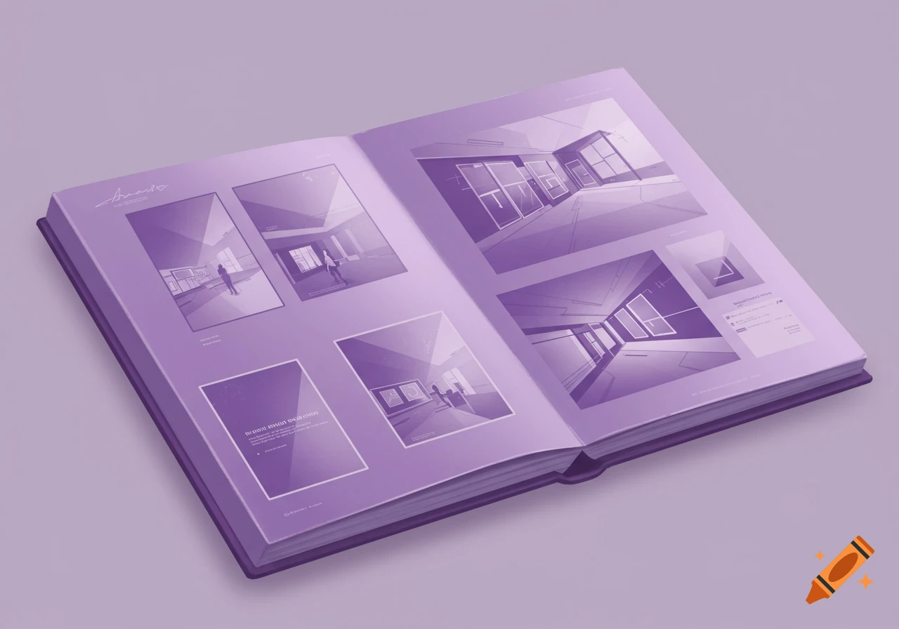 An open book displays stylized geometric interior design illustrations in purple tones.
