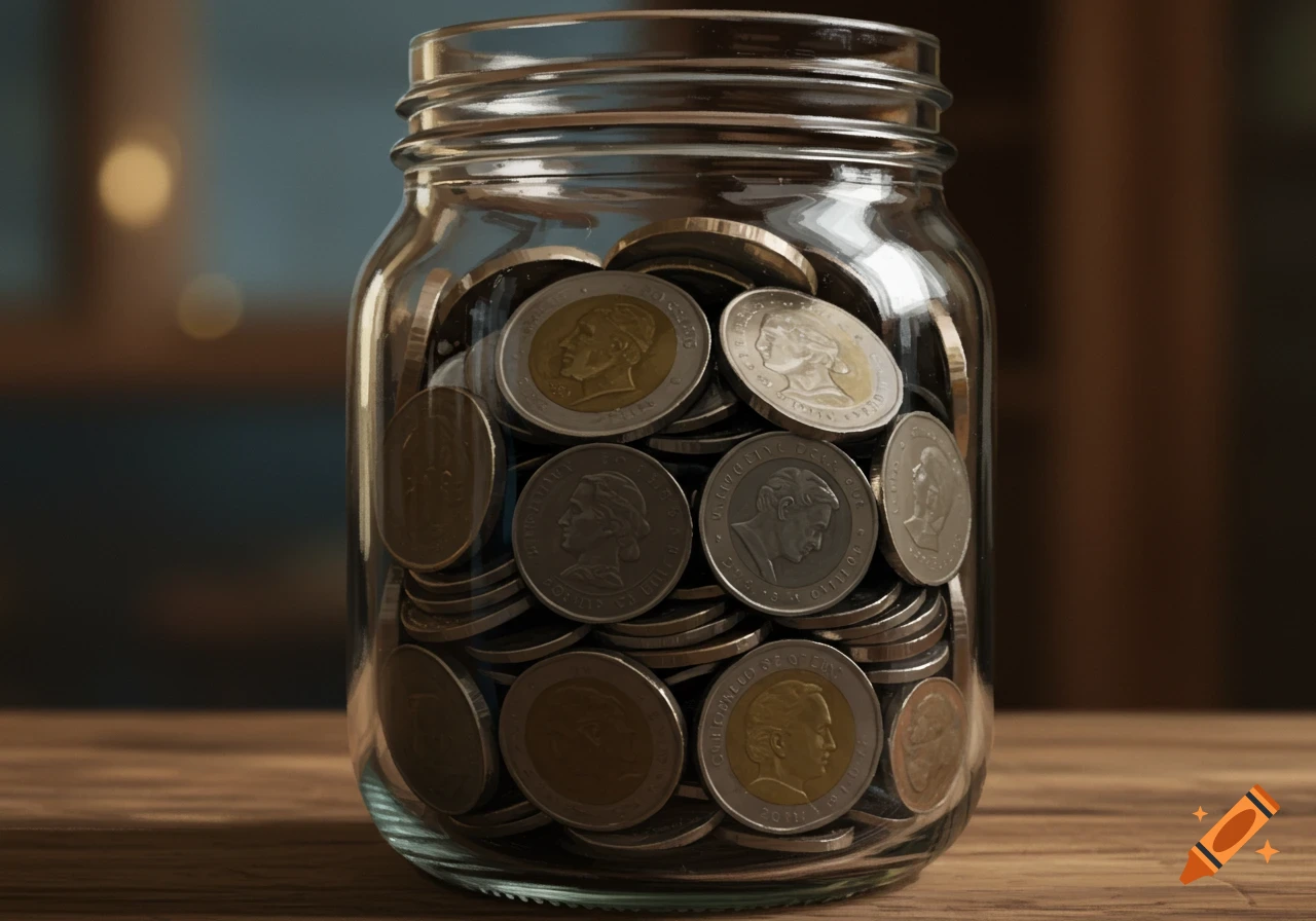 Glass jar filled with coins on a wooden surface.