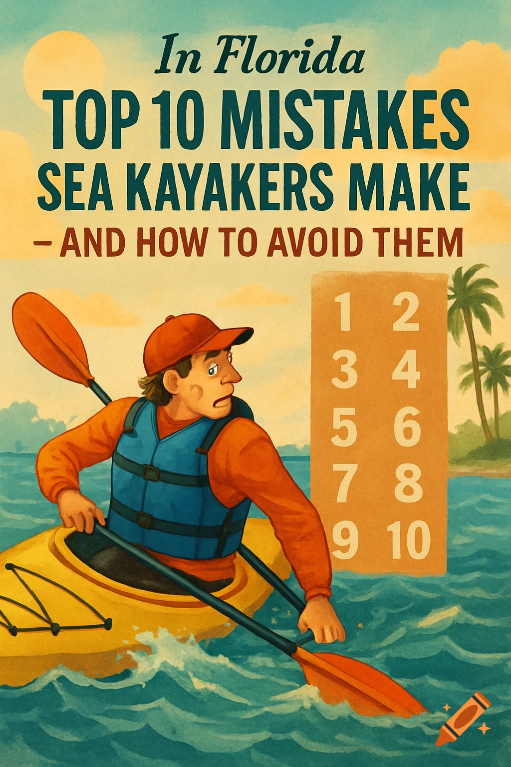 Retro illustration poster: A person kayaks on the sea next to text 'Top 10 Mistakes Sea Kayakers Make'.