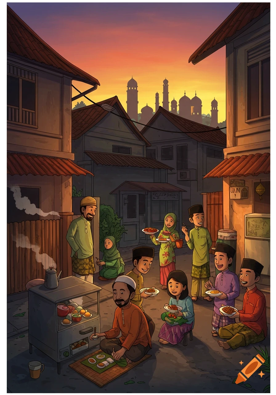 Illustration of a Muslim family gathering in a street at sunset, preparing food, with mosques in the background.