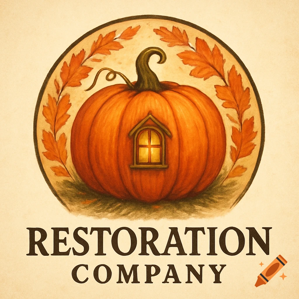 Vintage illustration logo with pumpkin shaped house, fall leaves, and text 'RESTORATION COMPANY'.