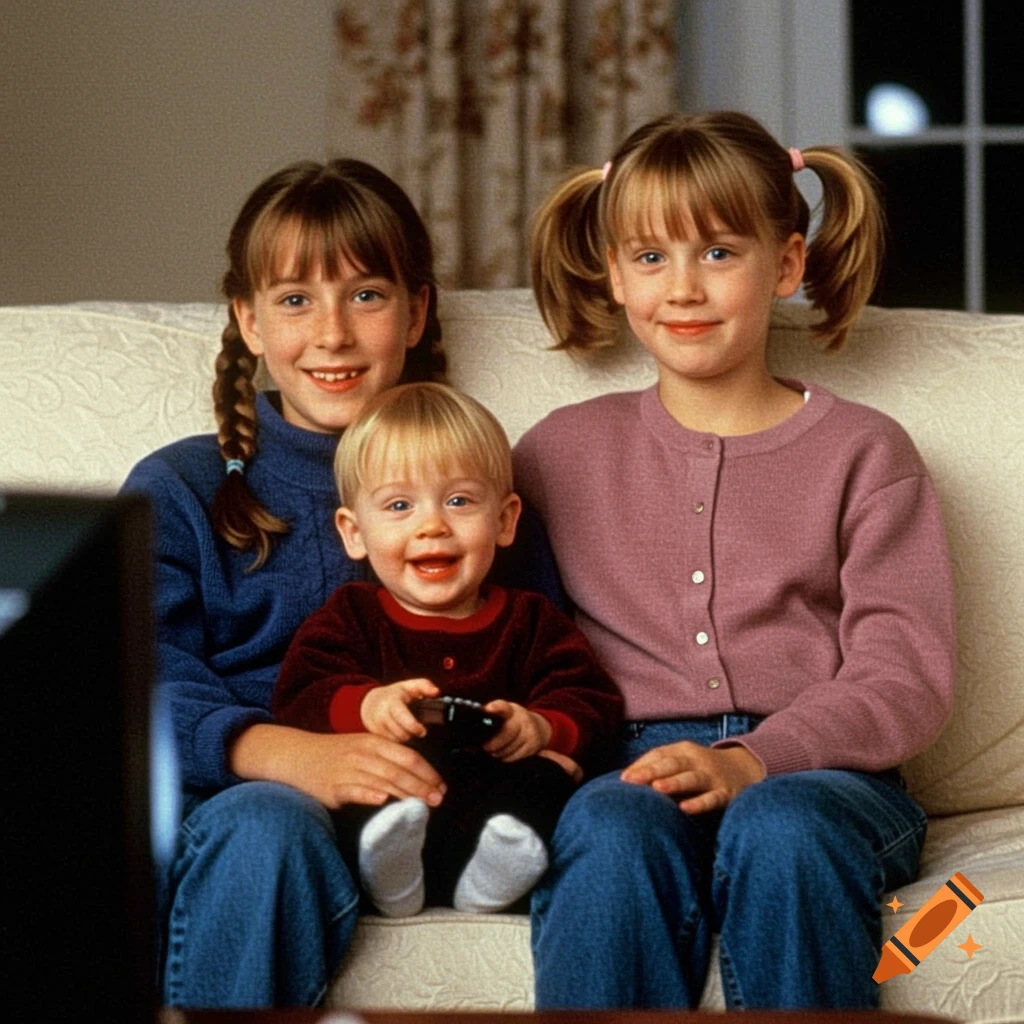 Three children sit on a couch, one toddler holding a remote, two older girls beside him.