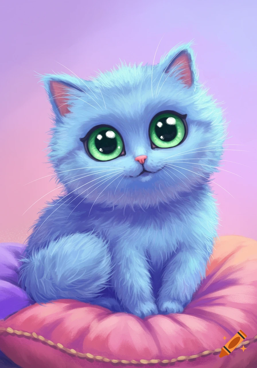 A cute blue illustration of a fluffy cat sitting on colorful pillows on