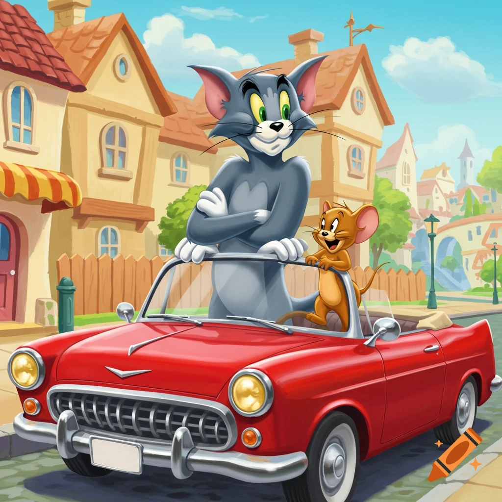 Tom and Jerry in a red convertible car in a cartoon town.
