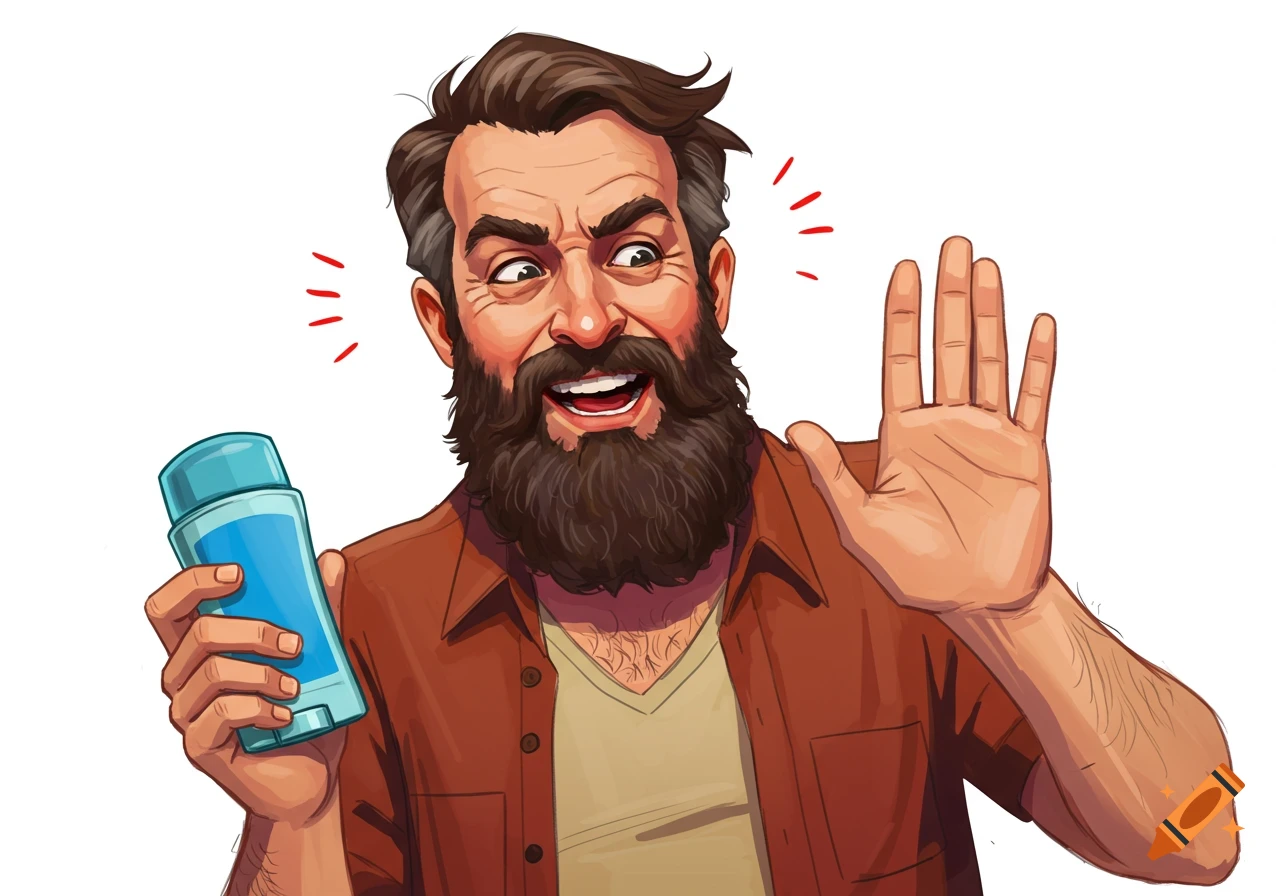 Illustrated man with a beard holding a deodorant stick and raising his hand as if saying no.