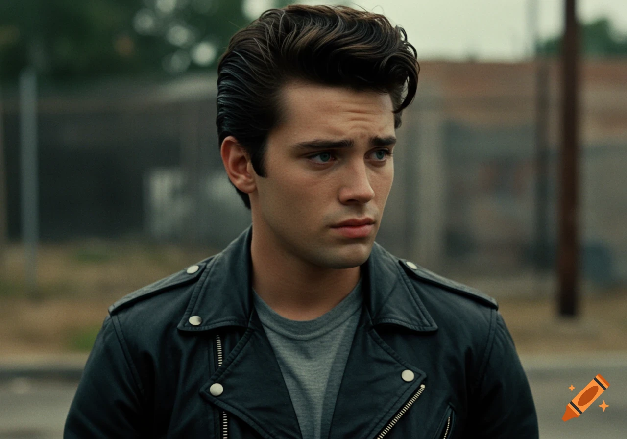 Portrait of a young man with dark hair and leather jacket in a cinematic style.