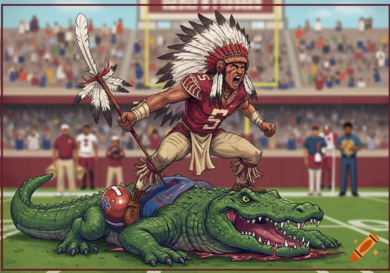 Stylized illustration of a football player figure in a headdress standing on a crocodile on a football field.