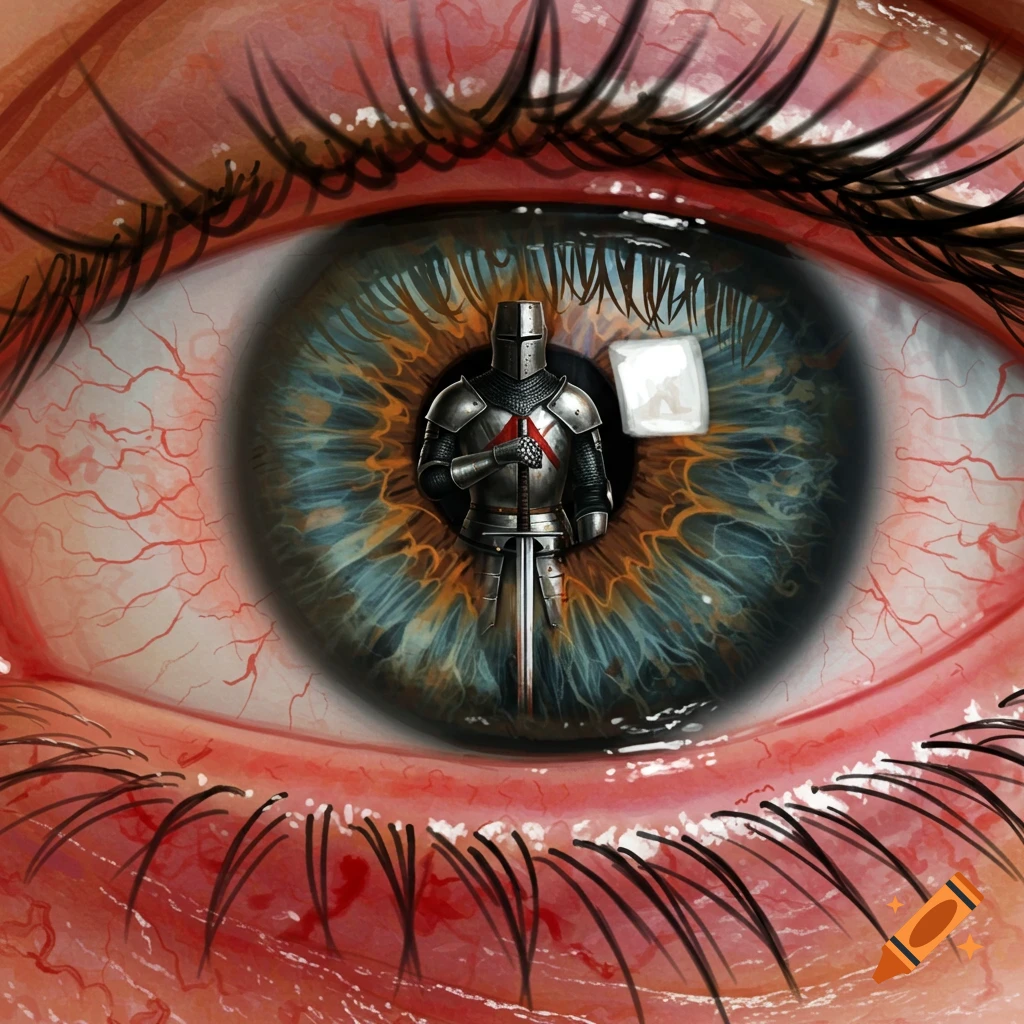 Extreme close-up of a detailed, bloodshot eye with a knight in full armor reflected in the pupil, digital painting.