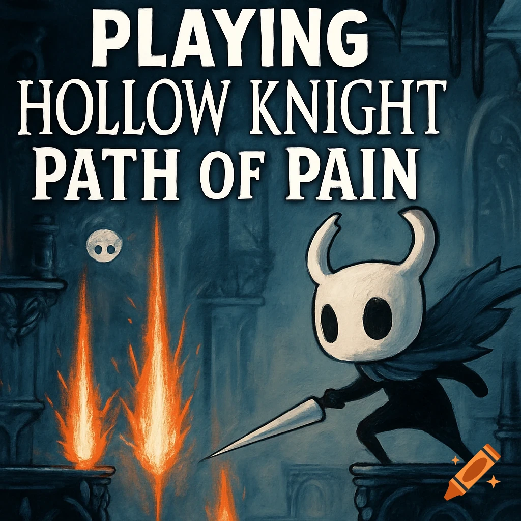 The Knight character from Hollow Knight stands in a dark cave area with text overlay.