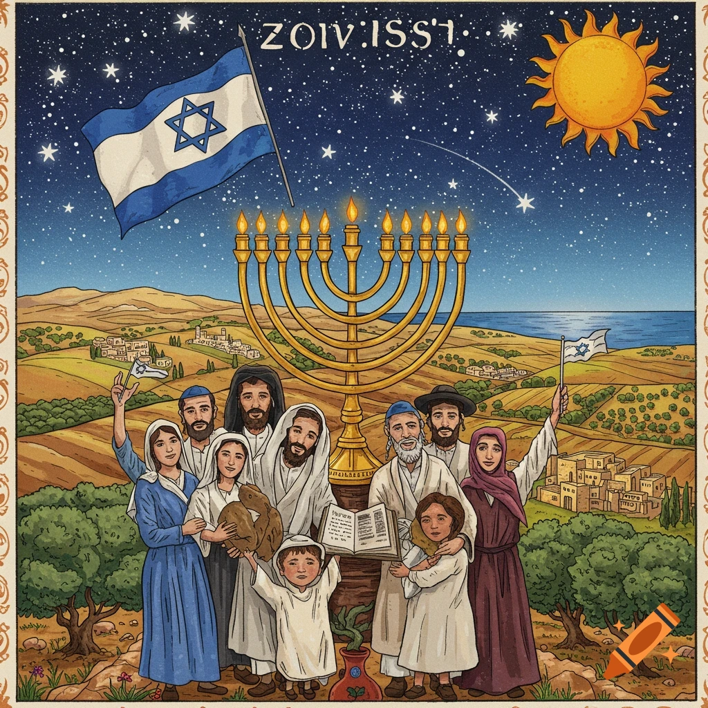 Stylized illustration of people with Israeli flags and a menorah in a landscape.