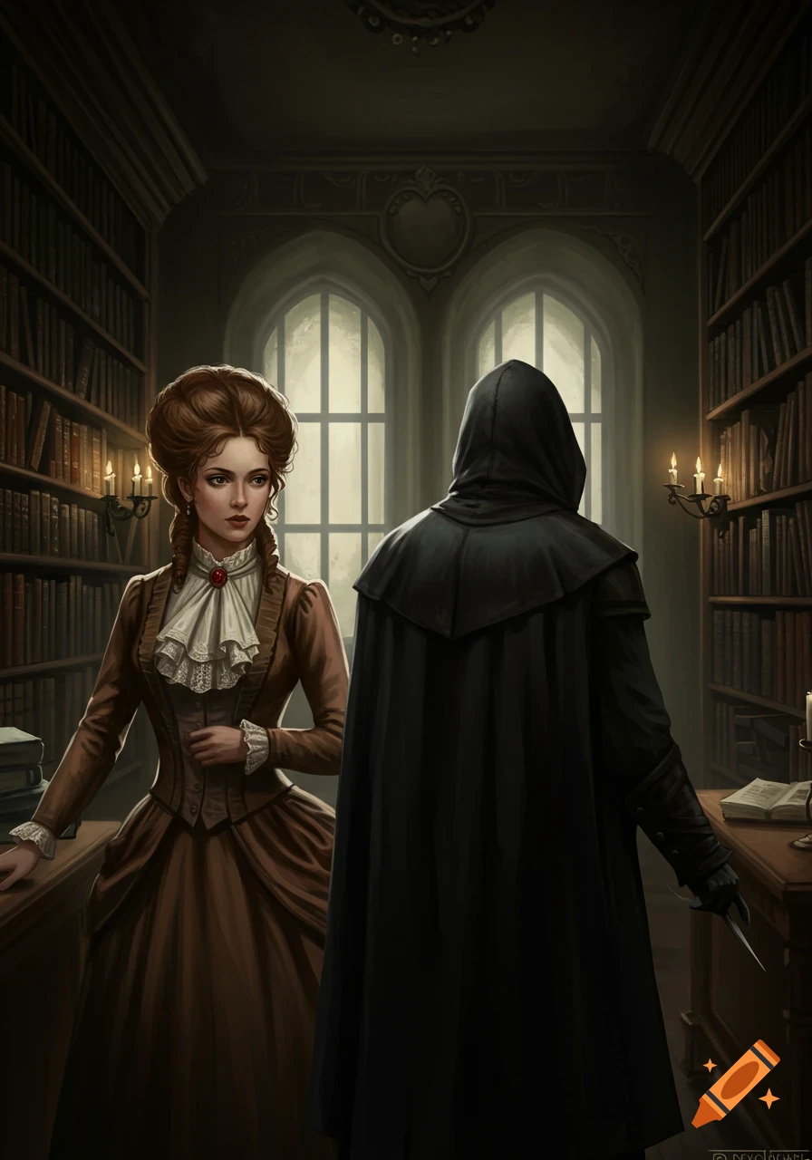 A woman in an 1800s dress faces a figure in a black hooded cloak in a dimly lit library.