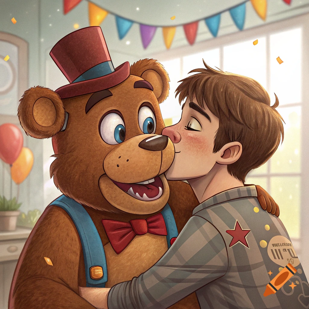 Cartoon illustration of Freddy Fazbear kissing a boy on the cheek in a party room.