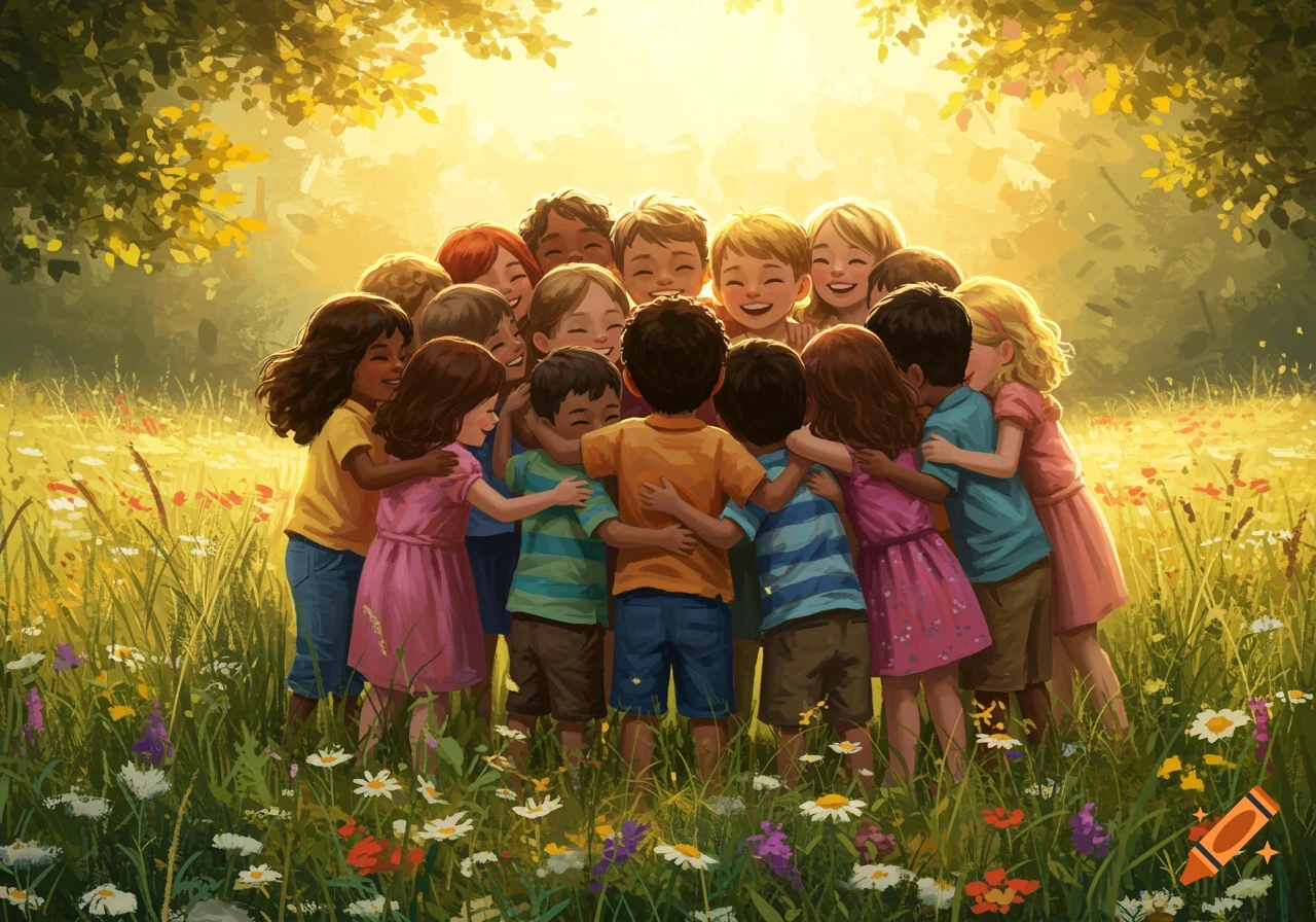 Children hugging in a sunny field with trees and flowers.