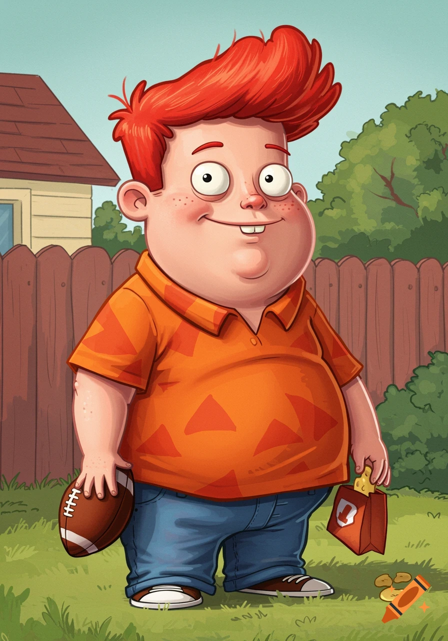 Cartoon illustration of a boy with red hair holding a football and a bag of chips in a yard.