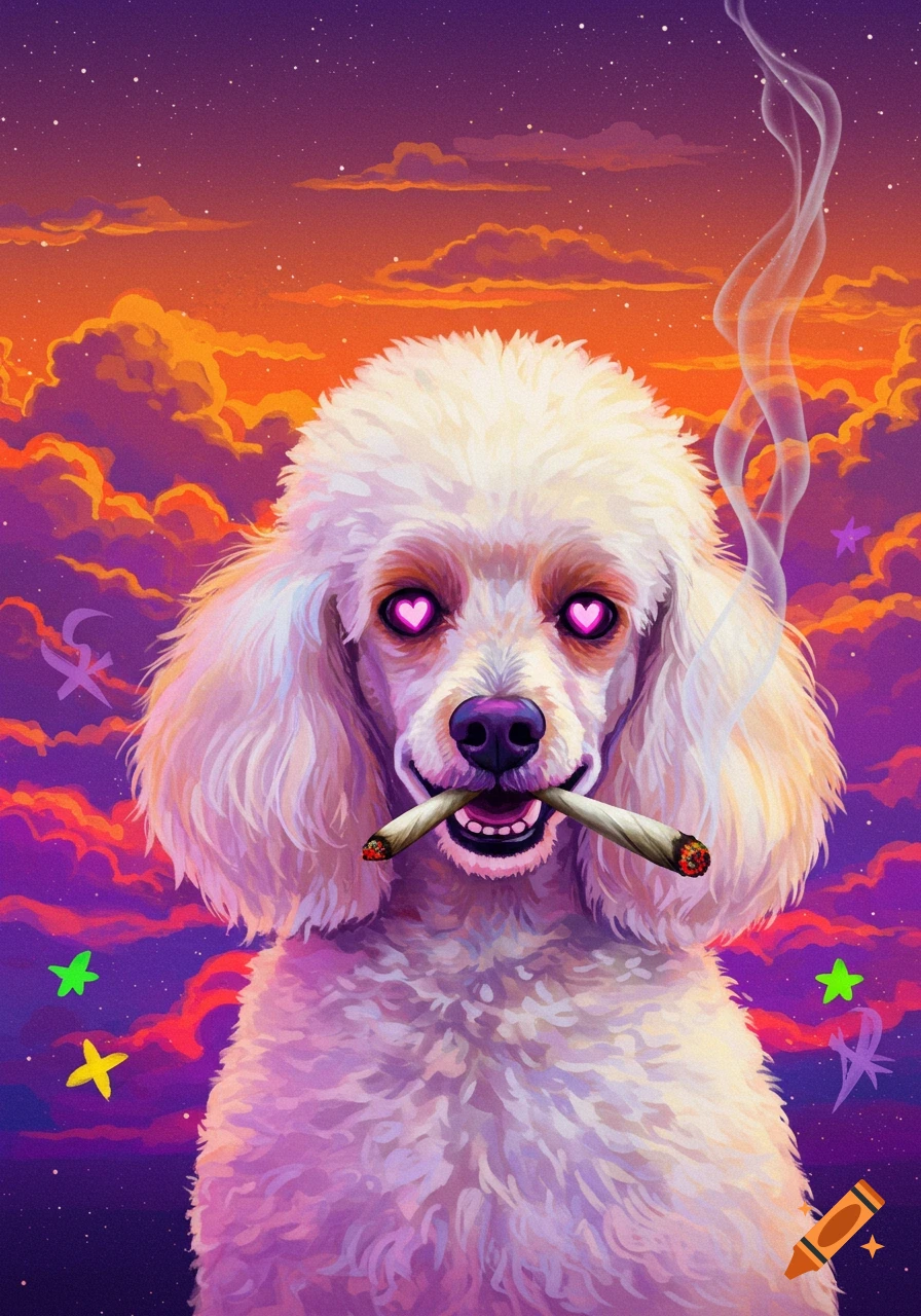 White poodle smoking a joint against a colorful sunset sky with heart eyes. Illustration style.