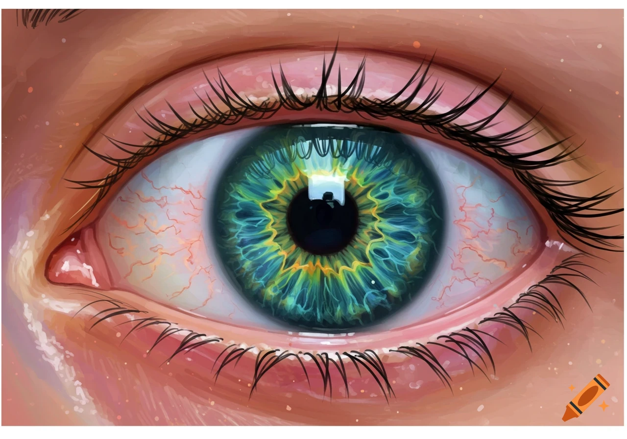 Close-up illustration of a human eye with red veins and colorful iris.