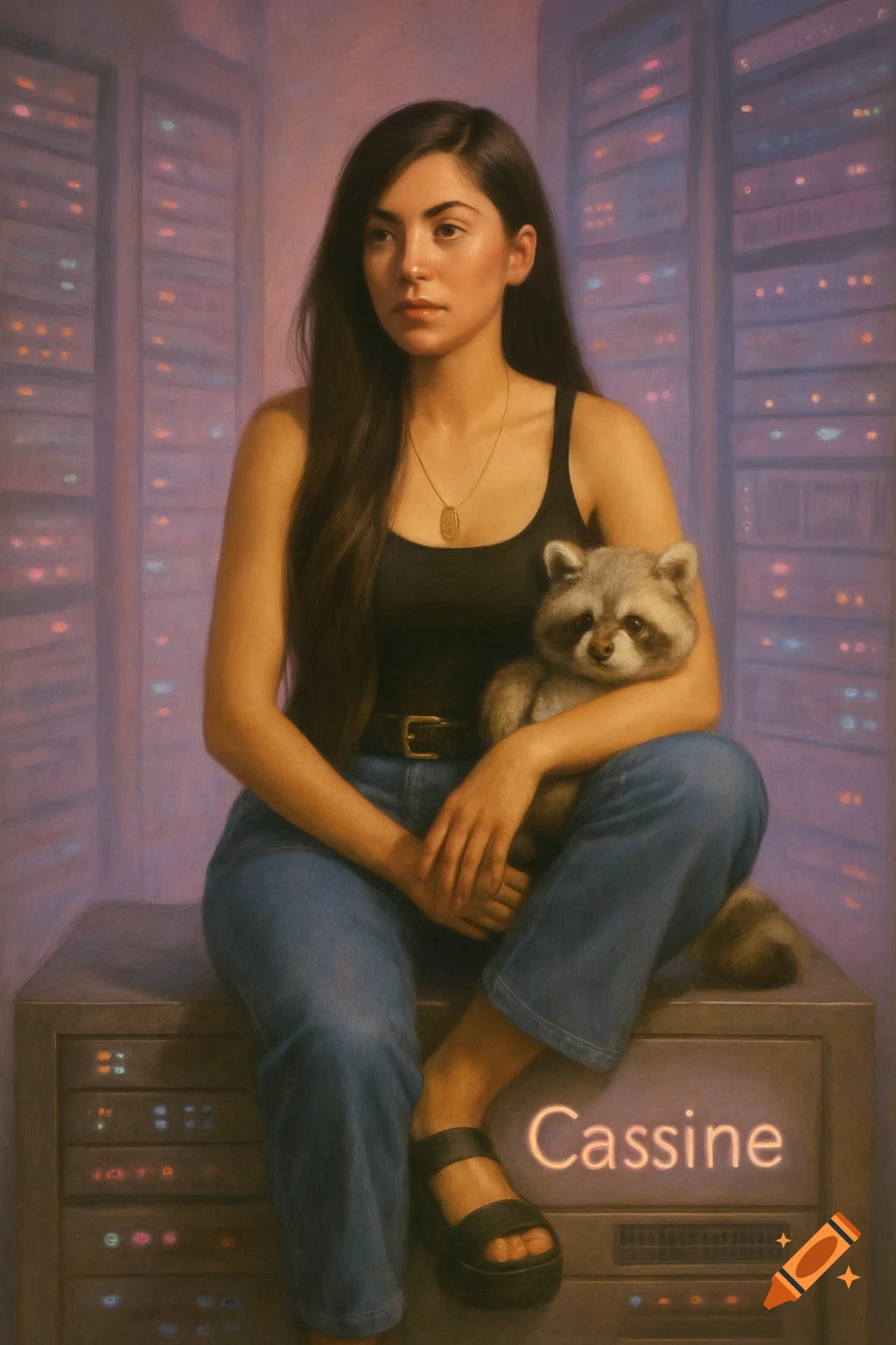A woman sits on a server holding a raccoon plushie in a server room, painted style.