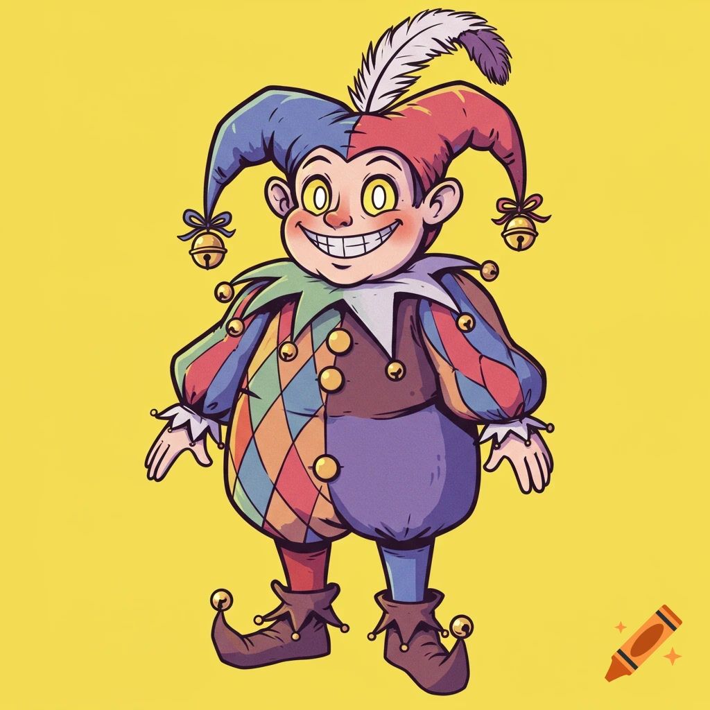 A colorful cartoon jester with a feathered cap and bells, smiling widely.
