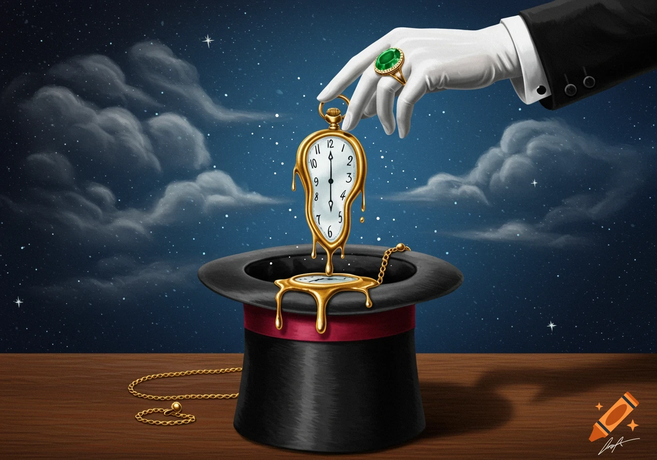 A gloved hand pulls a melting clock from a top hat under a starry sky in a surreal style.