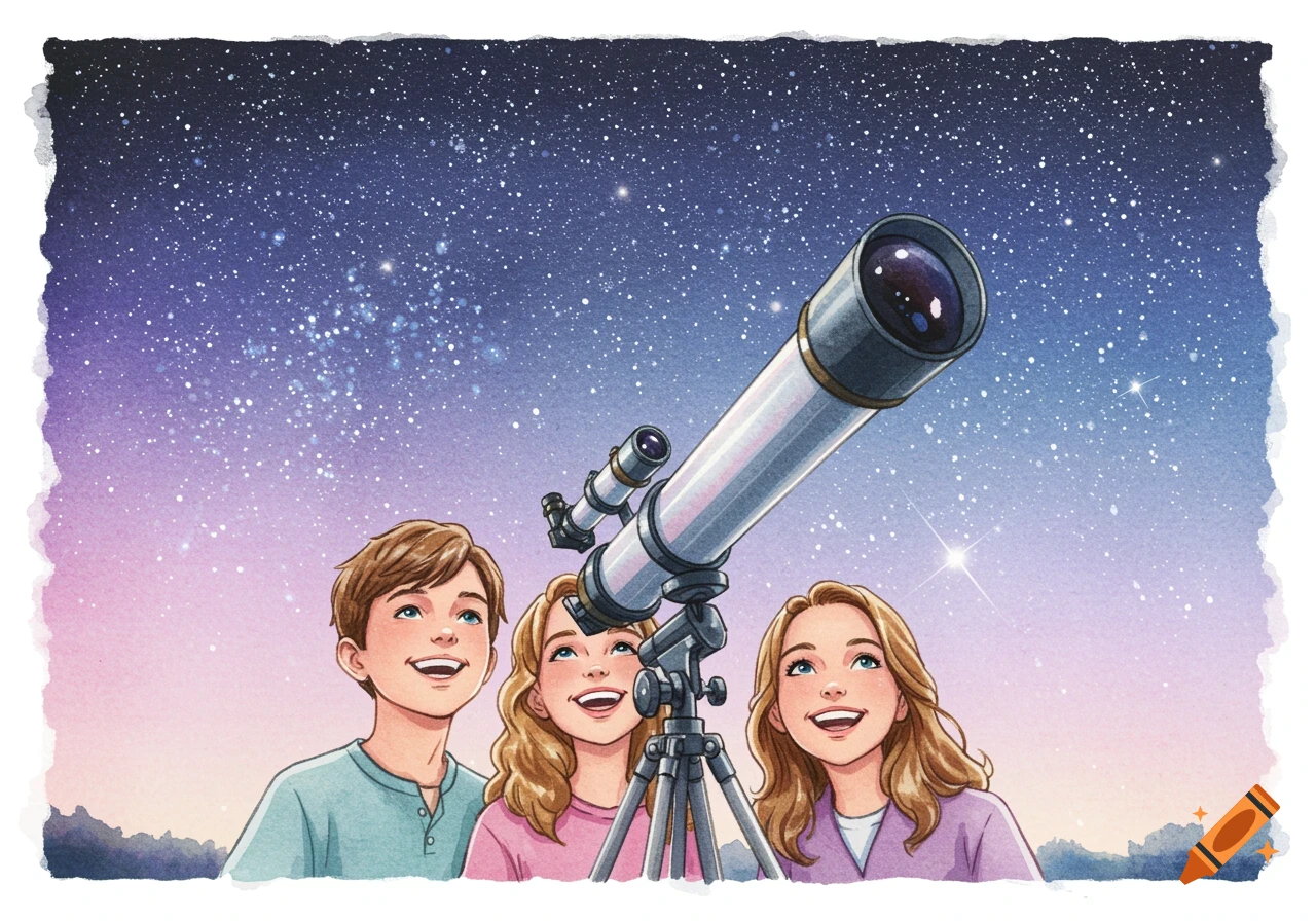 Watercolor illustration of three happy children looking at a starry sky through a telescope.