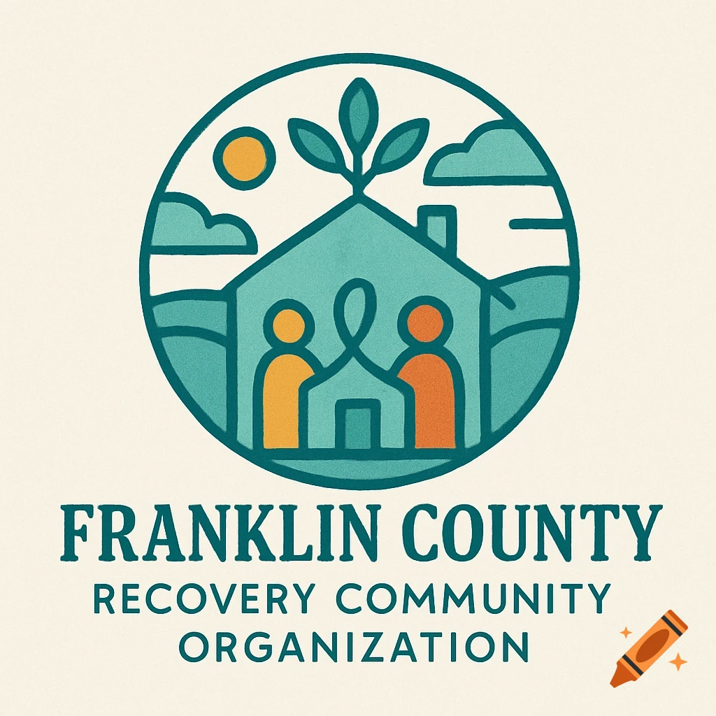 Logo for Franklin County Recovery Community Organization featuring a house, figures, and plant within a circle