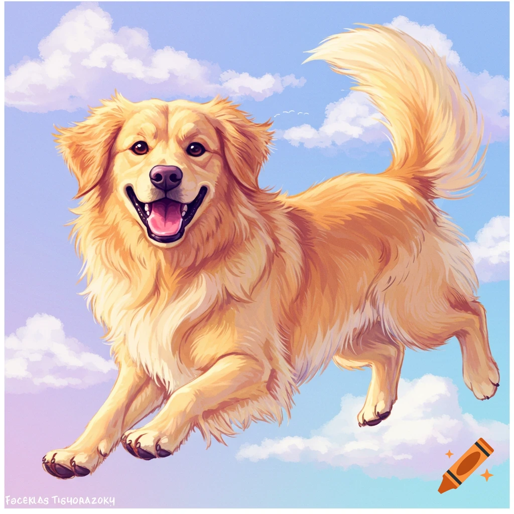 Happy golden retriever dog flying through a cloudy sky, illustration.