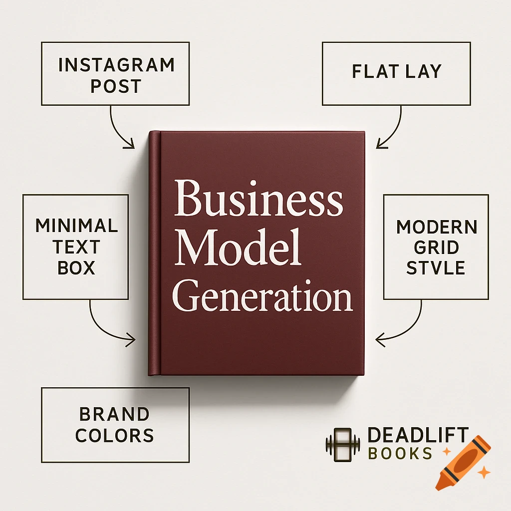 Flat lay image of a book titled 'Business Model Generation' surrounded by text boxes with arrows indicating design elements.