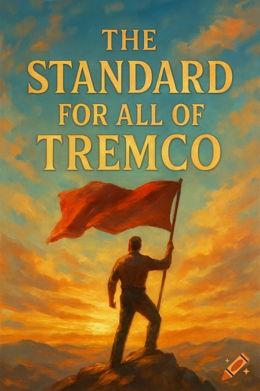 Oil painting of a man on a mountain peak holding a red flag at sunset with 'THE STANDARD FOR ALL OF TREMCO' text above.