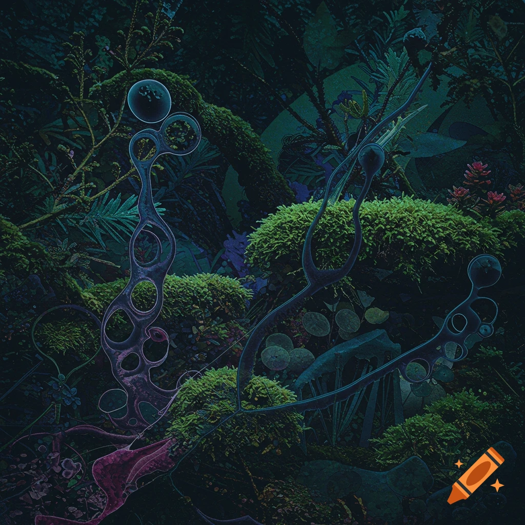 Dark abstract forest scene with organic shapes and plants.
