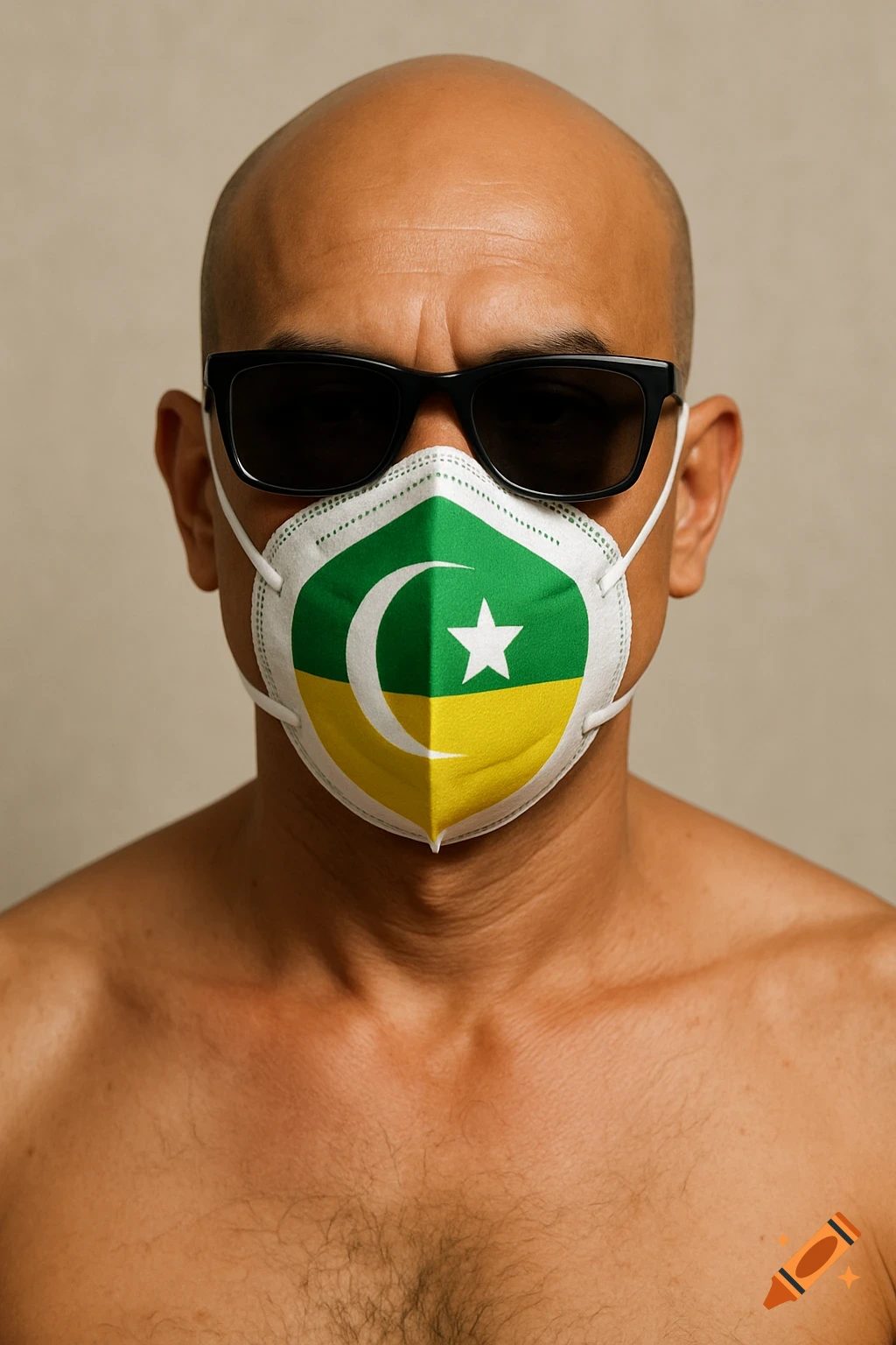 Bald man wearing sunglasses and a face mask with a green and yellow flag design.