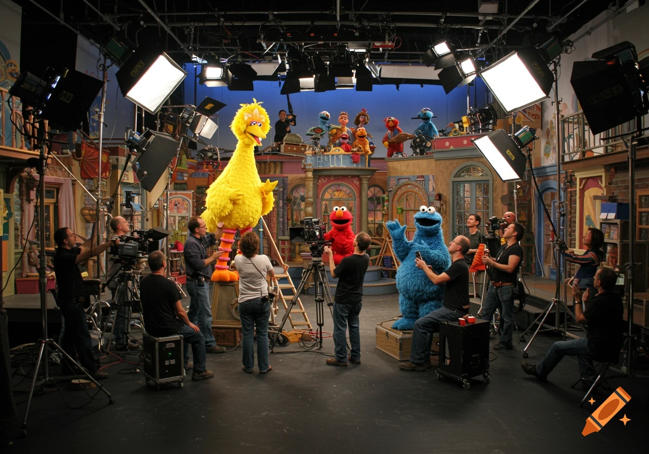 A television studio set with Sesame Street puppets Big Bird, Elmo, and Cookie Monster being filmed by crew members.