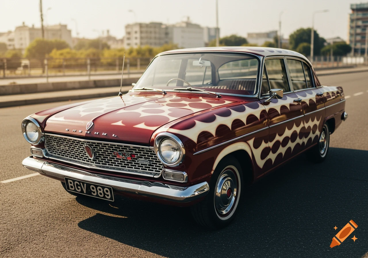 Classic red car with scallop paint job on a road