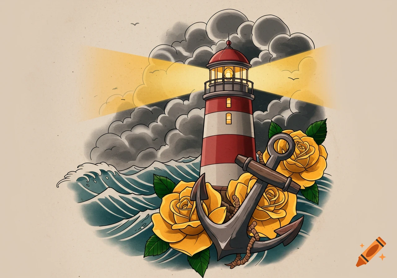 Stylized illustration of a lighthouse, anchor, yellow roses, and waves under a stormy sky.
