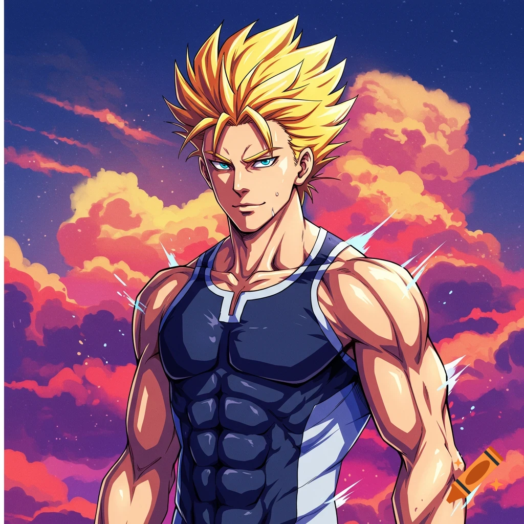 Anime style portrait of a muscular man in a tank top against a vibrant sky.