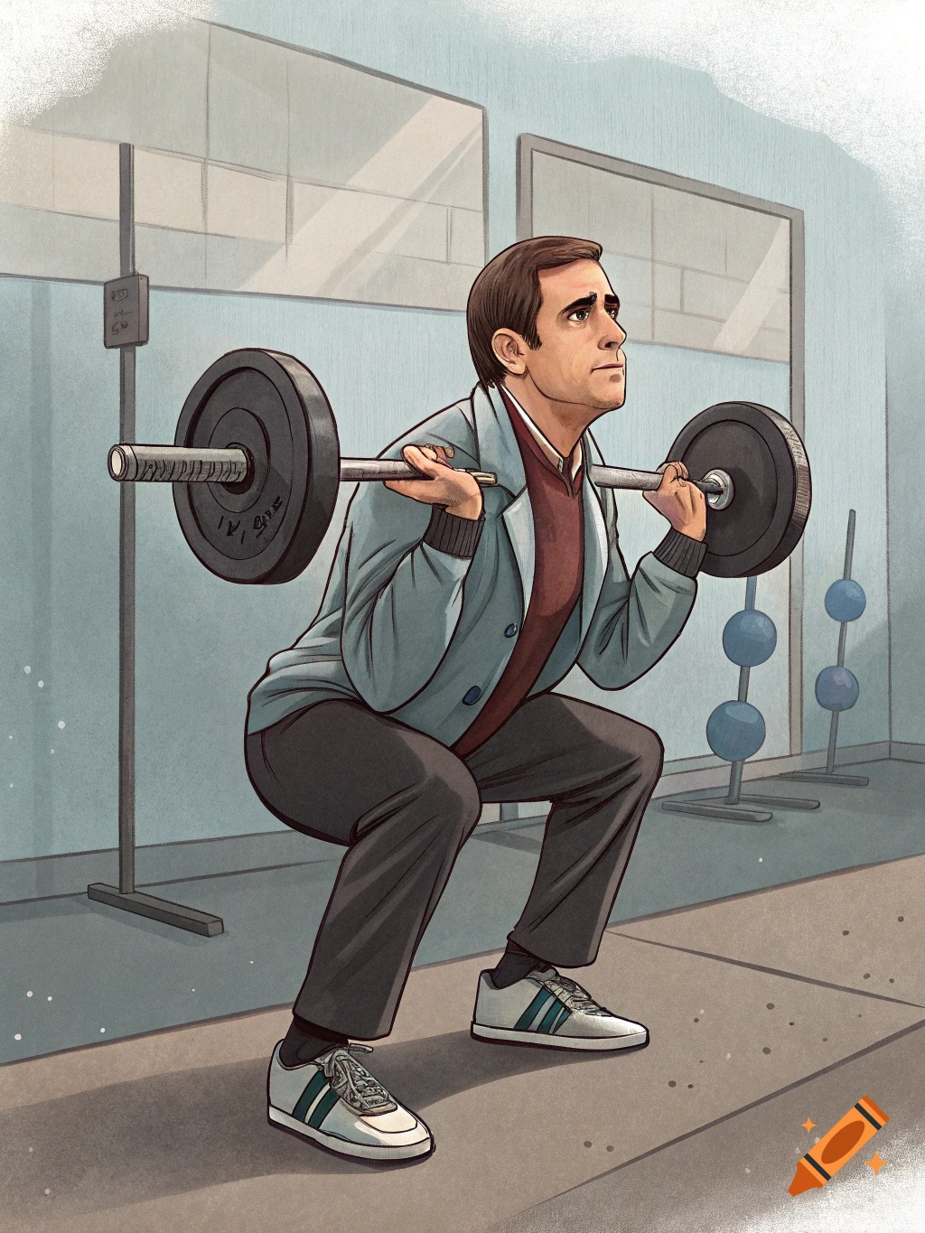 Illustration of a man resembling Michael Scott doing a barbell squat in a gym.