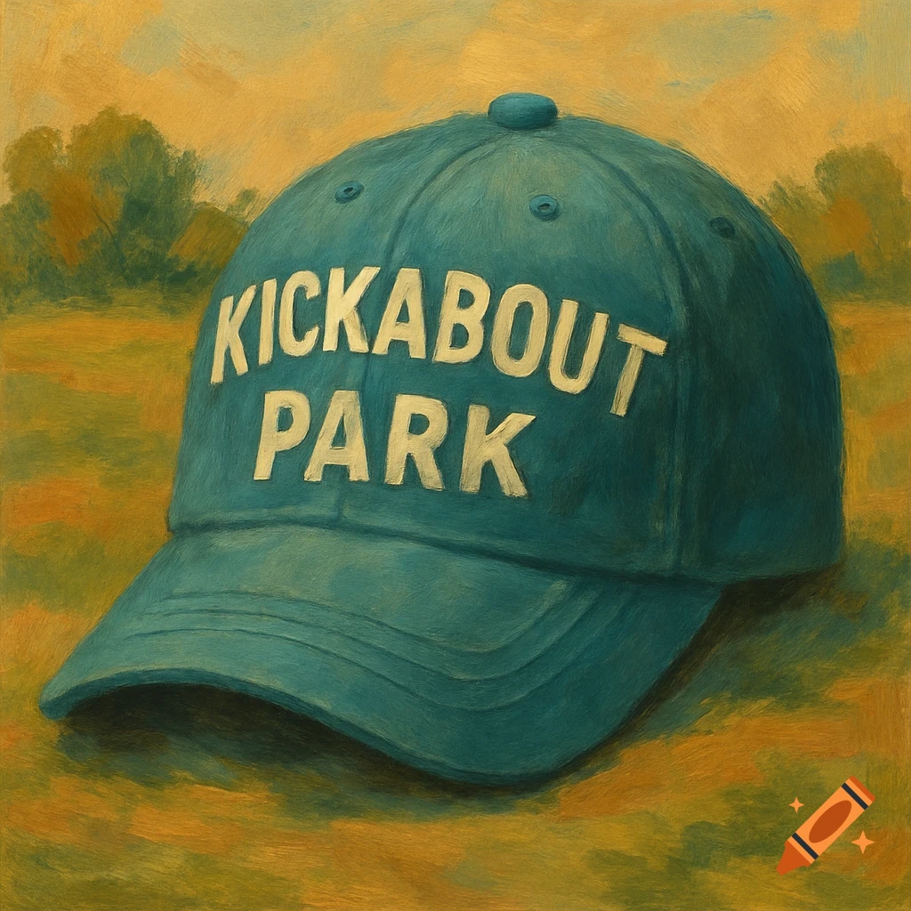 A blue baseball cap with "KICKABOUT PARK" on it, painted in a textural style.