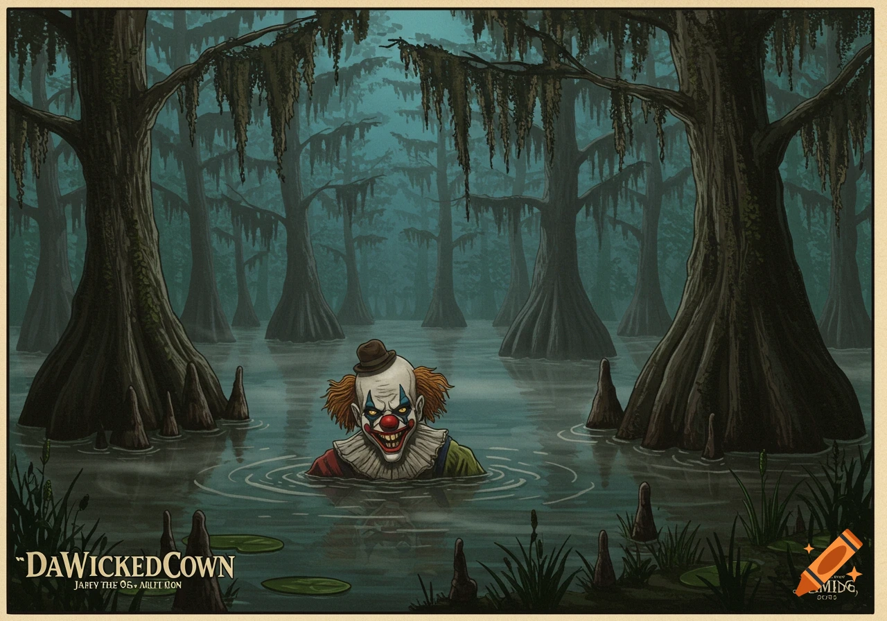 A creepy clown emerges from the murky water of a swamp surrounded by cypress trees. Illustration style.