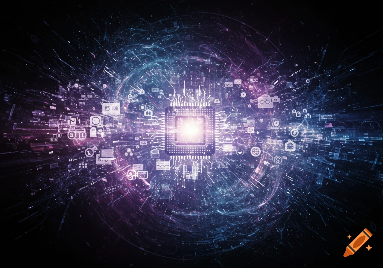 Abstract digital art showing a glowing CPU chip surrounded by flowing ...