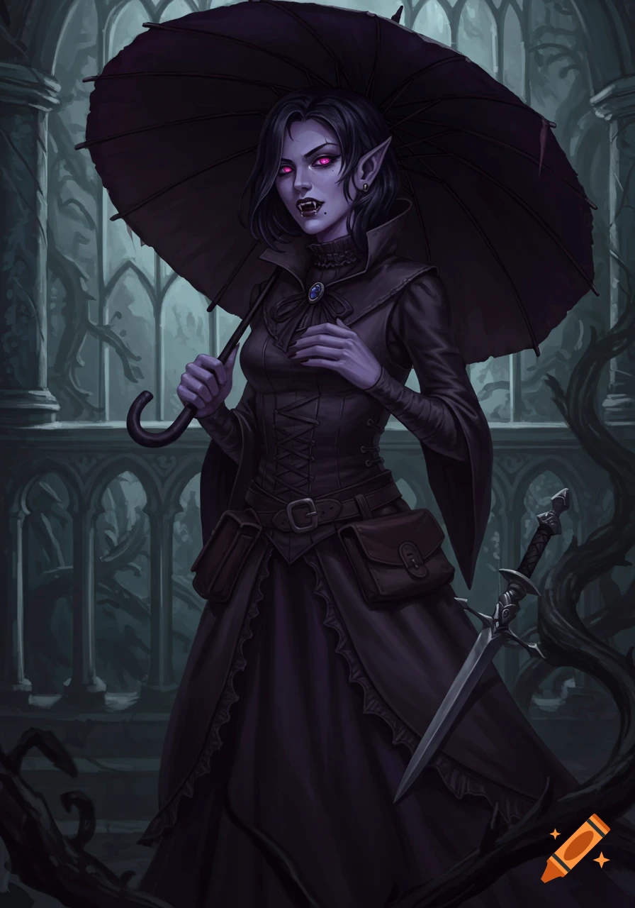 A purple-skinned gothic vampire character stands under an umbrella in a ruined building.