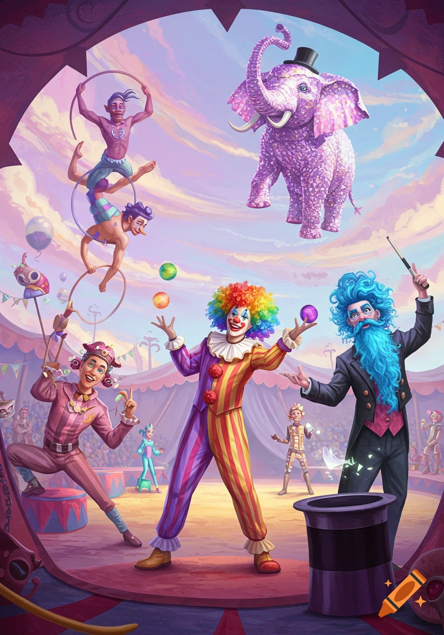 Colorful illustration of circus performers including a clown, magician, acrobats, and a sparkling elephant under a tent.