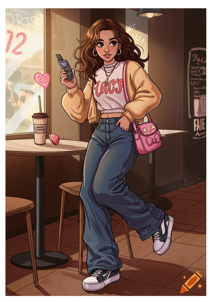 Illustrated young woman in Y2K fashion with a flip phone and pink bag stands in a cafe.
