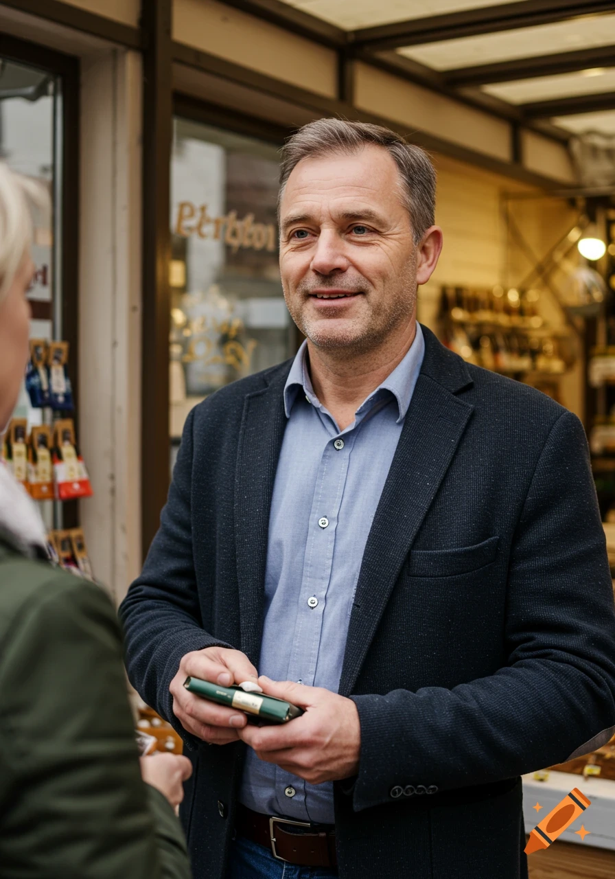 A middle-aged man in a jacket talks to someone outside a shop, holding a small green device.