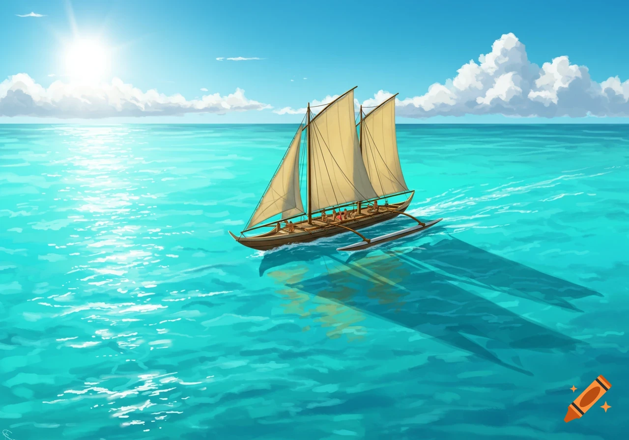 A Polynesian sailboat with multiple sails on a turquoise ocean under a sunny sky.
