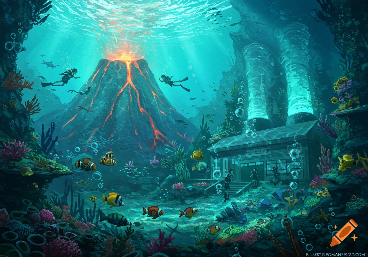Underwater scene with a volcanic eruption, divers, coral reef, marine life, and a submerged building.