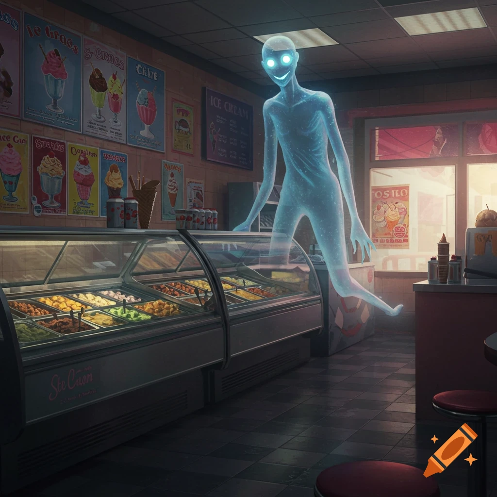 A glowing blue skeletal ghost hovers in a dark ice cream shop, smiling menacingly over a display case.